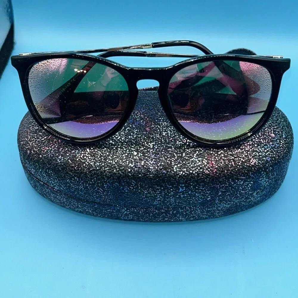 Mirror Sunglasses +Oversized Purple Glitter Glam Clamshell Case Clutch 52-18-140
